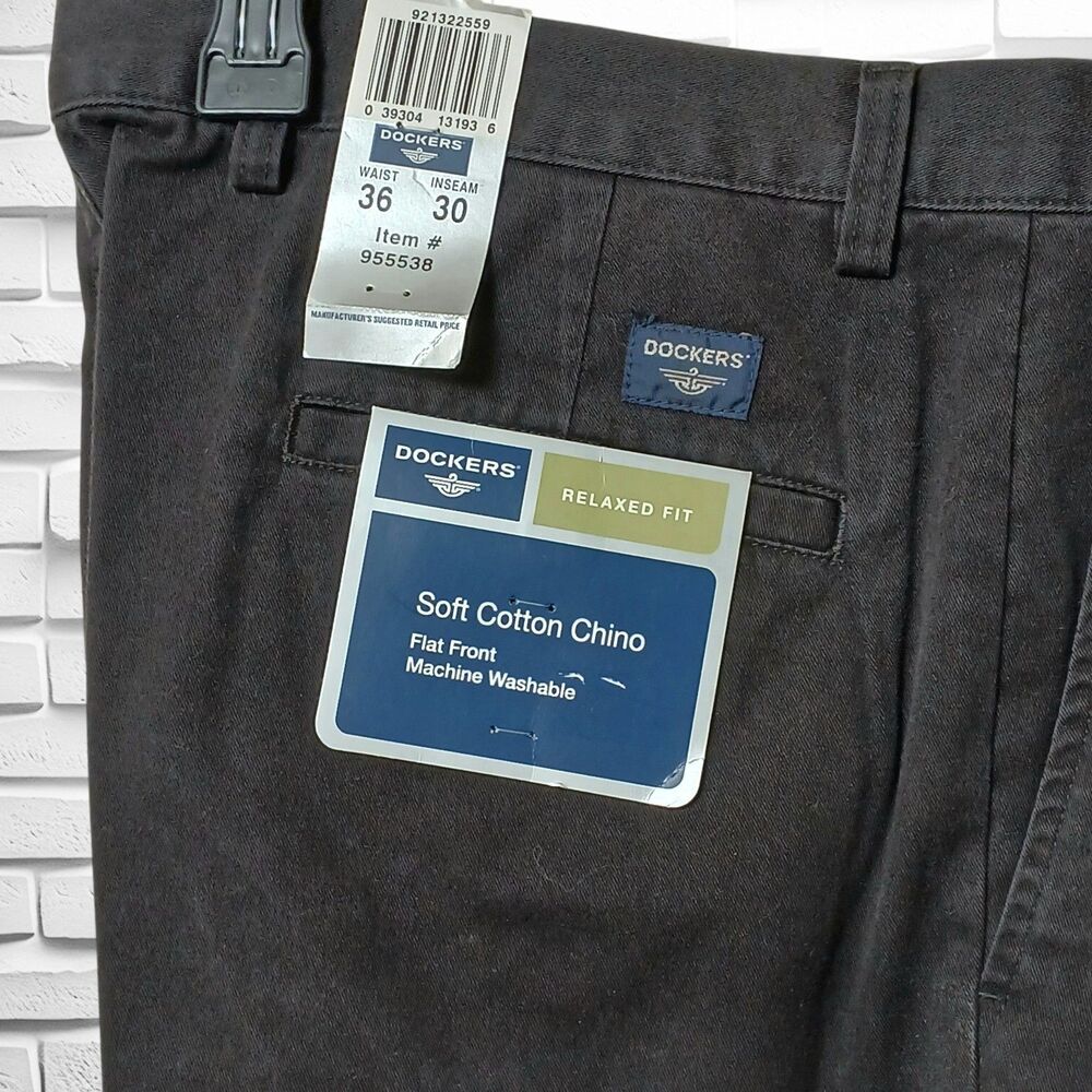 Dockers Relaxed Fit Cotton Chino Flat Front Pants, 36"x30", Black, NWT